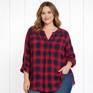 Cozy Plaid Boyfriend Shirt Red Navy 2X | Fall Button Up Top